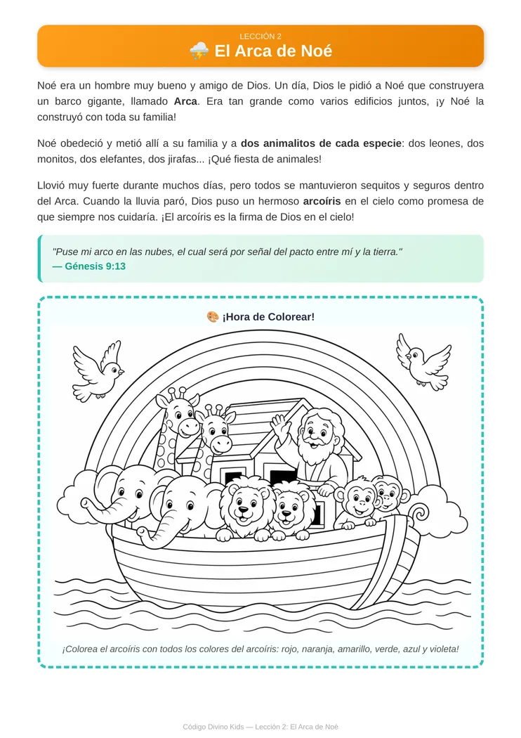 Muestra real del PDF con historia del Arca de Noé y actividad para colorear